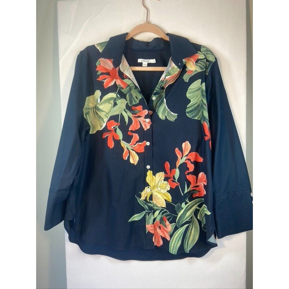 CHICOS WOMENS BUTTON UP FLORAL PATTERN BLOUSE BLUE SZ 12